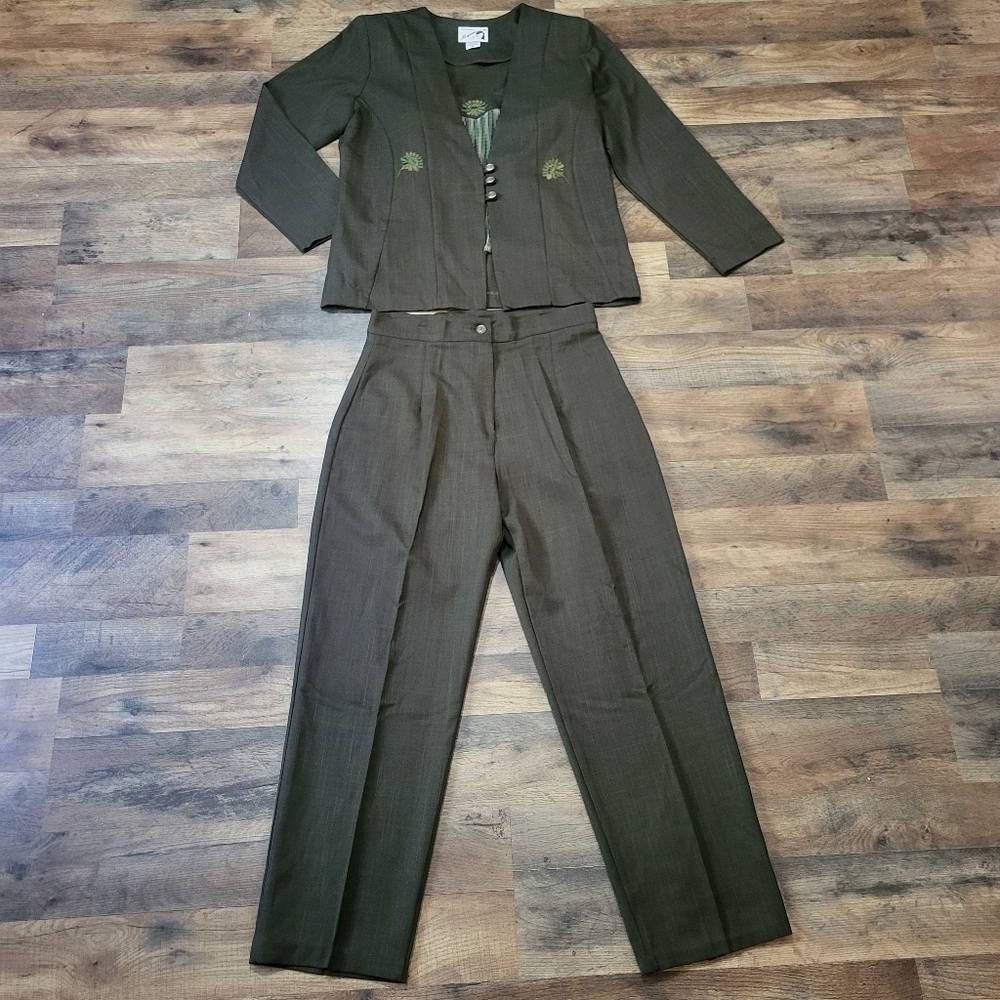 Vintage Majuar 3-Piece Ruched Tank Embroidered Blazer & Trouser Set Size 34